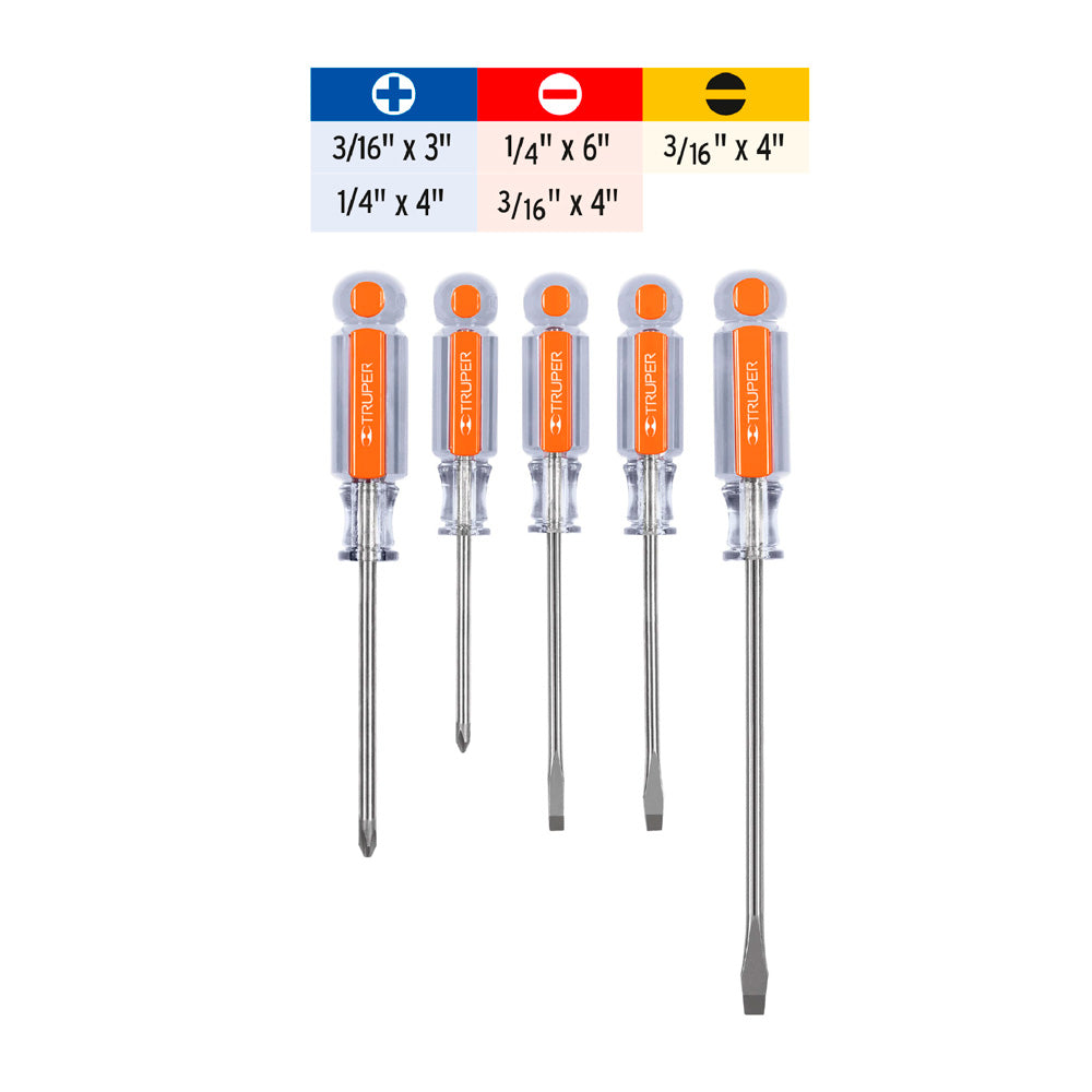 Desarmadores Truper Juego de 5 Piezas con Mangos de Acetato